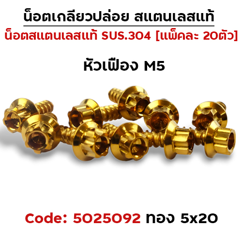 น็อตเกลียวปล่อย กรองอากาศ 5x20 Honda หัวเฟือง - ทอง (แพ็ค 20ตัว)